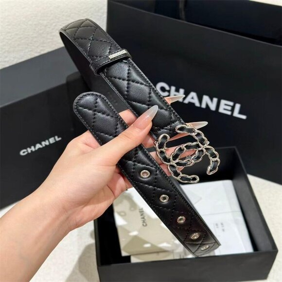 CHANEL NEW QUILTED BLACK LEATHER BELT WITH CC LOGO BUCKLE 💥RARE 💥size 85 - Picture 6 of 8